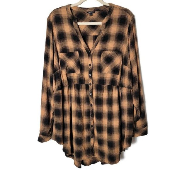 torrid Tops - Torrid Emma Babydoll Crinkle Gauzey Plaid Long Sleeve Button Front Tunic Top 2X